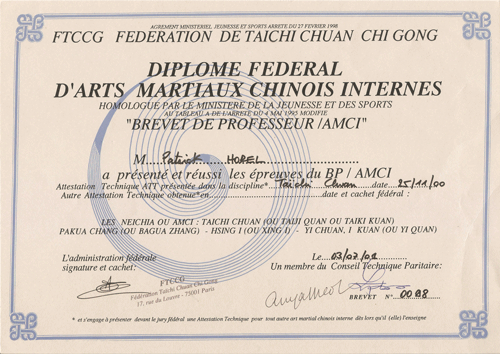 Brevet de Professeur de Taiji-Quan et Qi-Gong (2001)